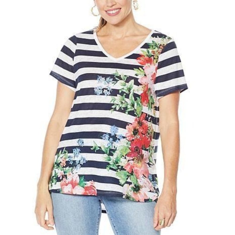 DIANE GILMAN BURNOUT PRINT & SEQUIN TEE Navy Stripe Size Small